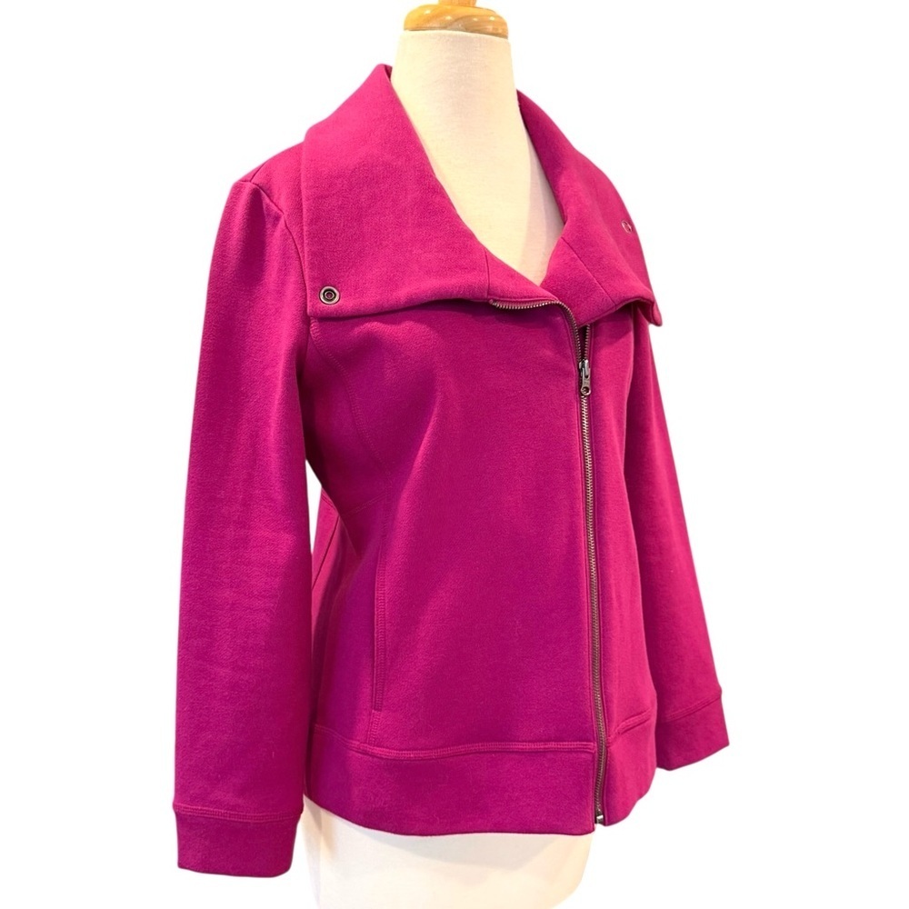 Talbots Petite Magenta Pink Asymmetrical Zip Fleece Moto Jacket Size MP - Picture 2 of 12